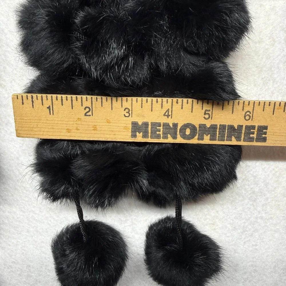 Genuine Rabbit Fur Pom Pom Scarf Black Natural Elegant Quiet Luxury Boho Ski